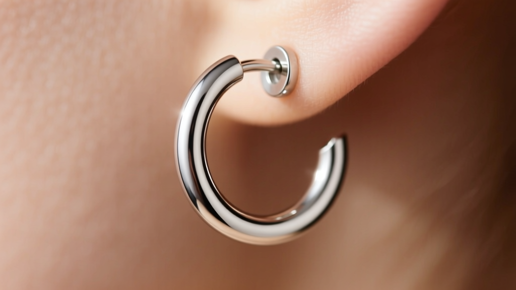 Macro shot of a seamless 16-gauge titanium hoop earring closure, highlighting the smooth joint against a blurred skin background.