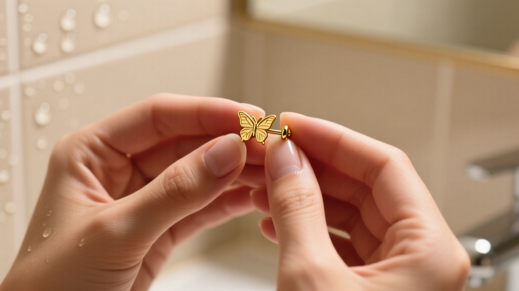 Close-up of hands gently holding a 20-gauge gold lobe stud with a butterfly back, soft bathroom lighting, beginner piercing care.