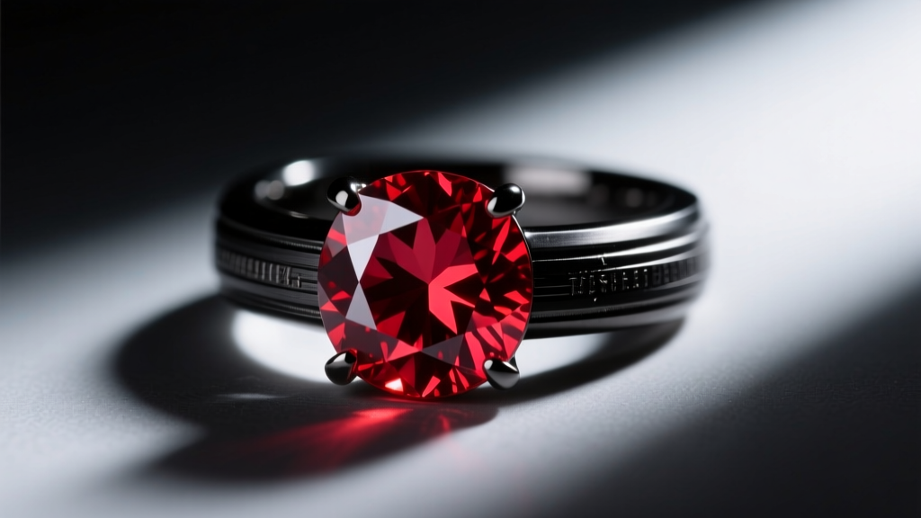 Macro shot of a crimson lab-grown red diamond ring set in blackened titanium with deep negative space voids and moody shadows.