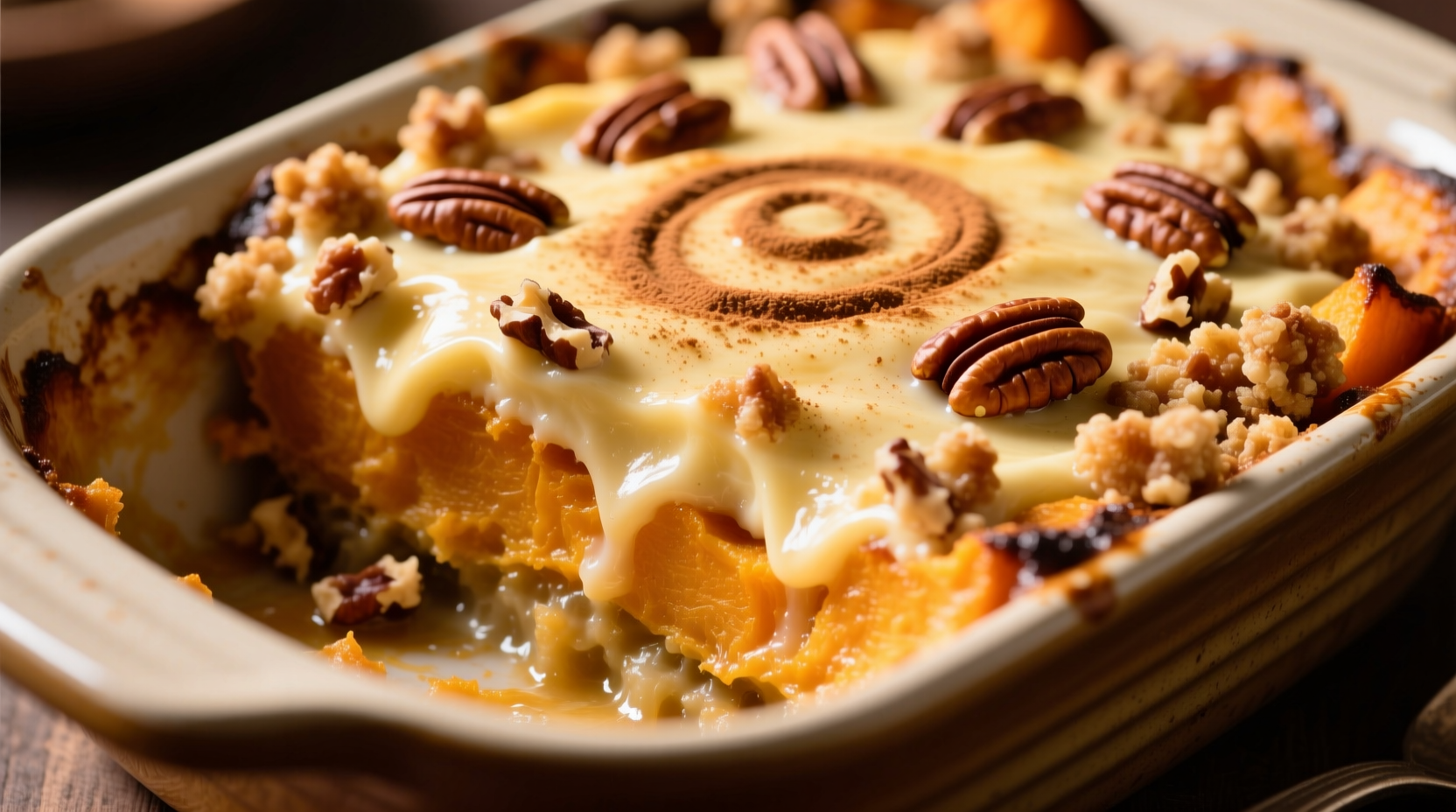 Golden mashed sweet potato casserole with pecan topping