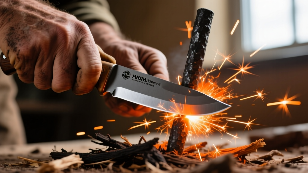 Close up of hands striking a thick ferrocerium rod with the 90-degree spine of a Mora carbon steel knife, bright orange sparks flying into dry tinder