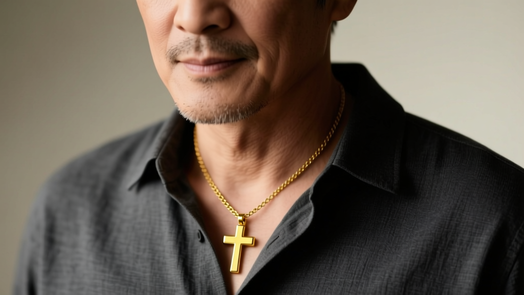 Close-up of a man wearing a minimalist 14k yellow gold cross pendant on a 2mm box chain against a dark charcoal shirt in soft light