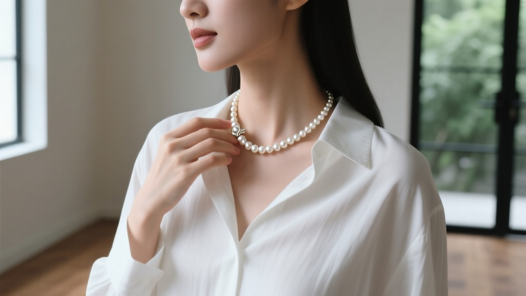 Woman styling a pearl knot necklace over a white linen shirt, showcasing modern minimalist jewelry in soft natural light