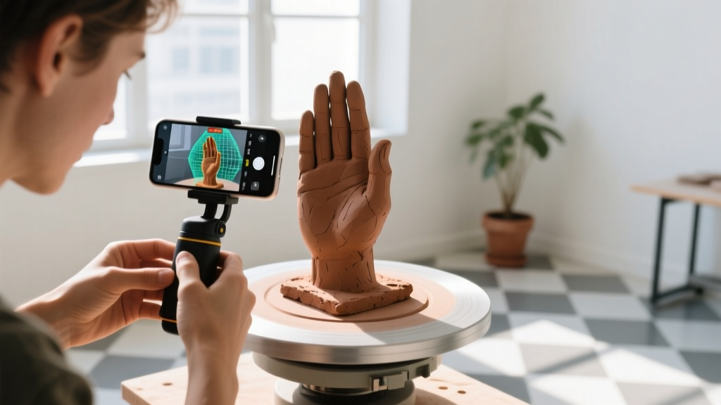 A hobbyist using a smartphone-mounted 3D scanner to digitize a clay sculpture on a motorized turntable in a sunlit studio.