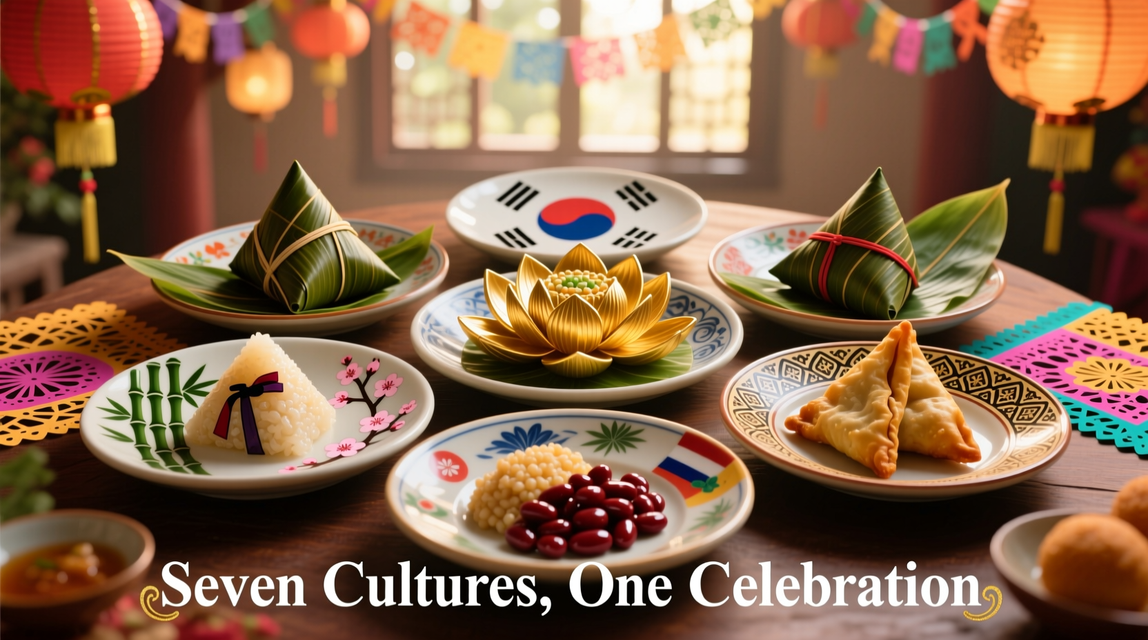 Traditional New Year foods from seven cultures arranged