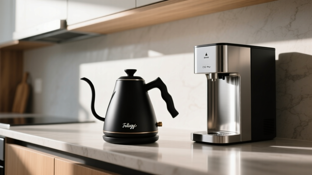 Modern kitchen countertop featuring a matte black Fellow Stagg EKG Pro electric kettle next to a stainless steel bottom-loading water dispenser