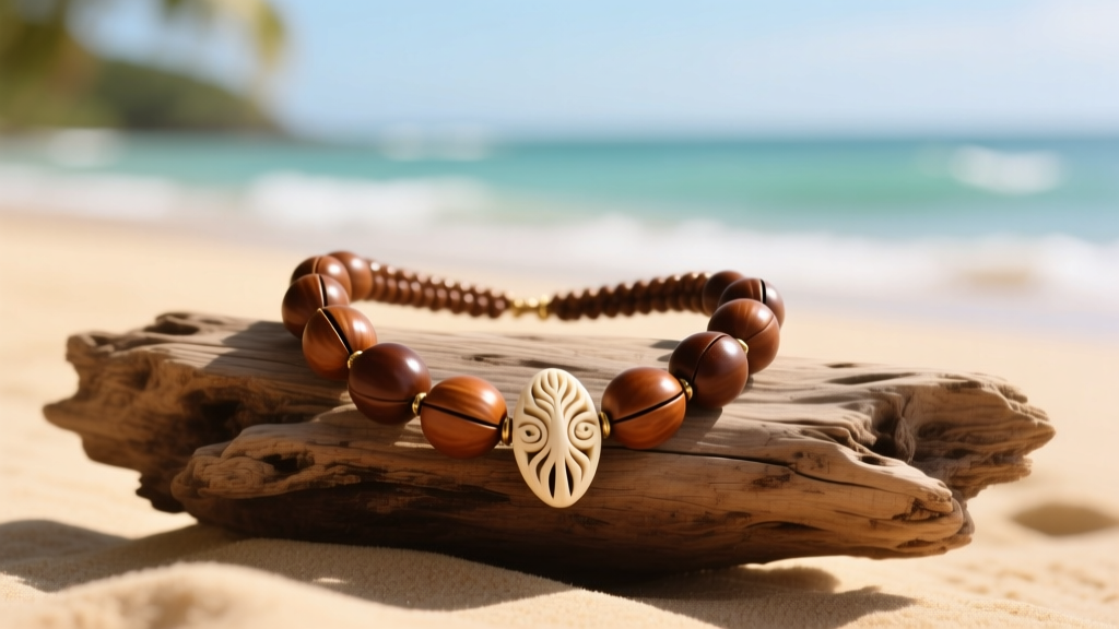 Polished brown kukui nut lei necklace with carved bone clasp displayed on weathered driftwood against a blurred tropical beach