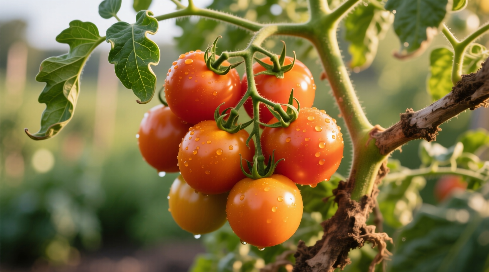 Ripe orange tomatoes on vine with green leaves