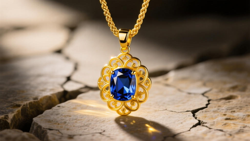 Polished yellow gold sapphire amulet pendant on a thick rope chain, glowing under warm studio lighting against a stone background.