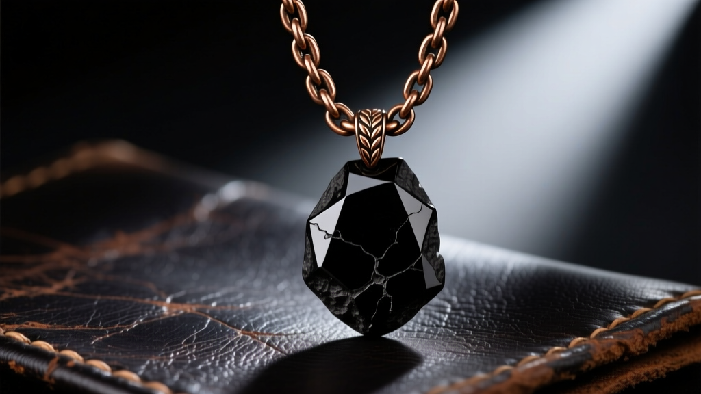 Rugged obsidian pendant on a thick bronze wheat chain resting on dark leather with moody cinematic lighting and sharp focus.
