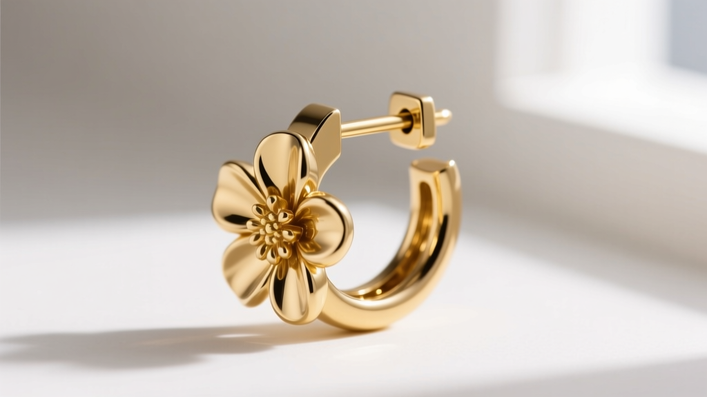 Side profile of a 16-gauge gold flower hoop earring in a helix cartilage piercing, highlighting the secure clicker hinge closure.