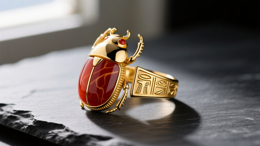 Macro shot of an 18k yellow gold Egyptian scarab beetle ring with a carved natural carnelian stone resting on a dark slate surface