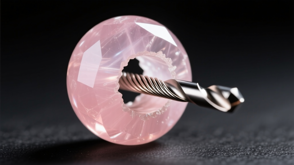 Close-up of a 0.8mm diamond core drill hole in a rose quartz bead, showing the smooth inner channel and 49-strand steel wire.