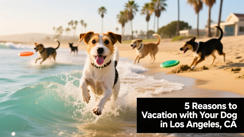 A happy terrier mix splashing in shallow waves at Rosie's Dog Beach, with other dogs playing in the background and palm trees lining the shore