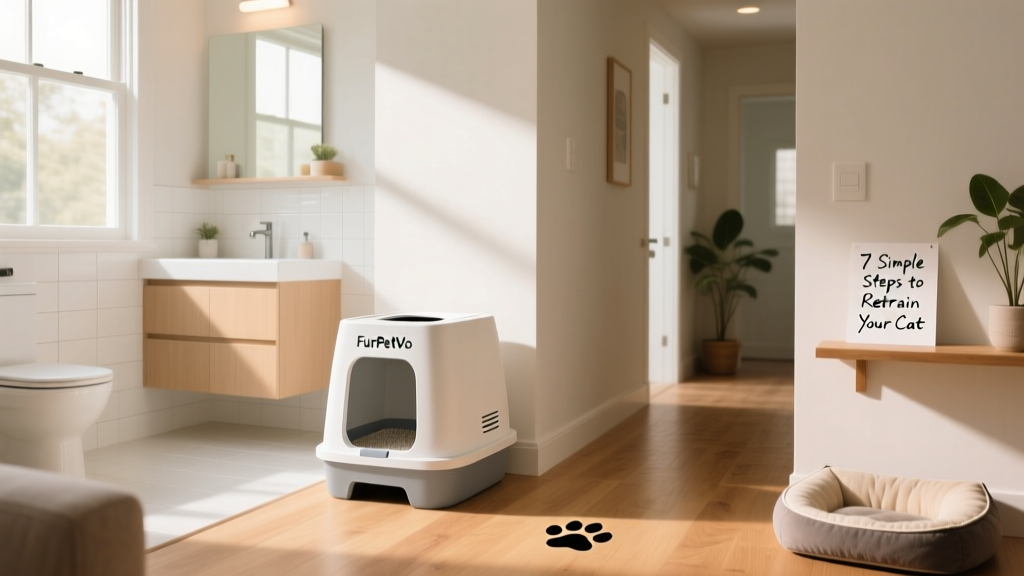 Two FurPetVo litter boxes placed in separate, well-lit areas of a bright, tidy living space—one in a sunlit bathroom, one in a quiet hallway corner