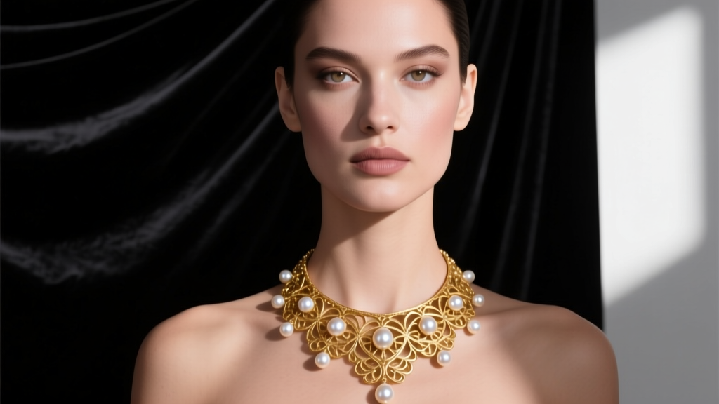 High-fashion editorial shot of a model wearing an ornate gold filigree Padme necklace with freshwater pearls against dark velvet.