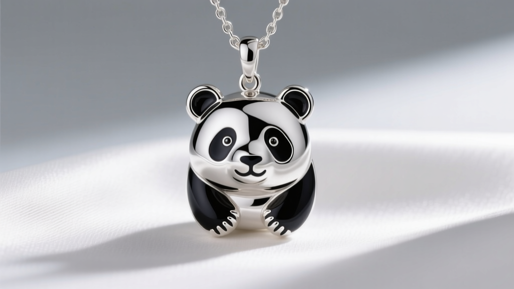 Close-up of a 925 sterling silver panda bear necklace pendant with dark enamel accents on white silk under soft natural lighting