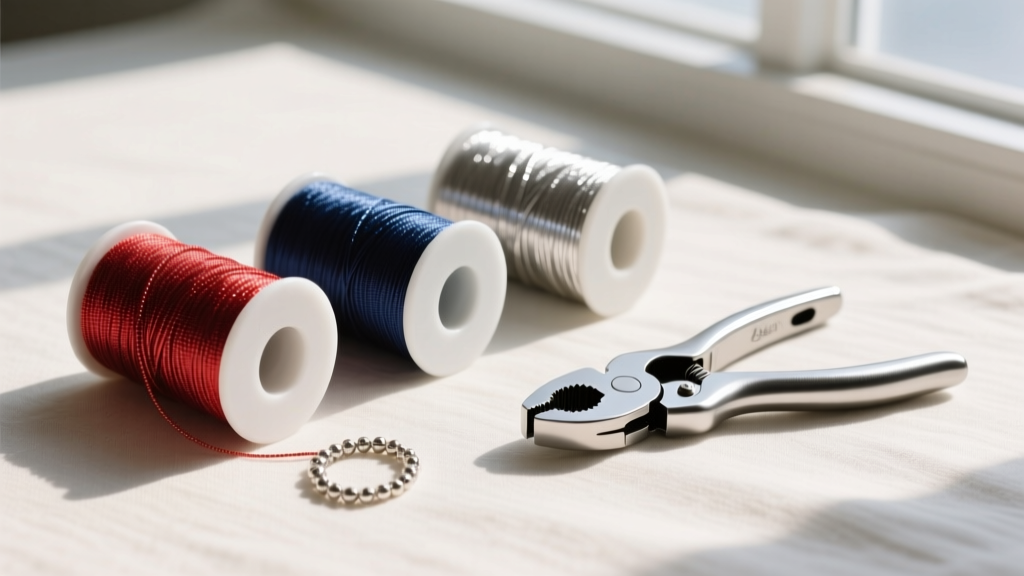 Flat lay of jewelry supplies showing three spools of nylon-coated stainless steel beading wire next to a silver crimping tool