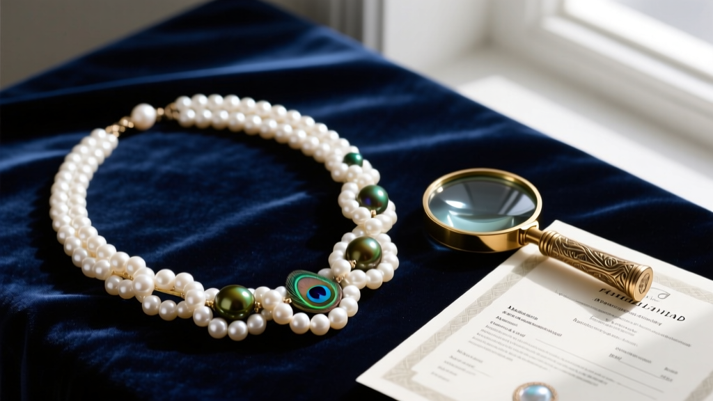 Knotted Akoya and Tahitian pearl necklaces on dark navy velvet beside a brass loupe and an open pearl grading certificate document