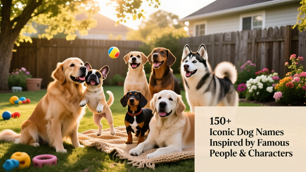 A diverse group of happy dogs—different breeds and sizes—posing together in a sunlit backyard, symbolizing the joy of naming and bonding