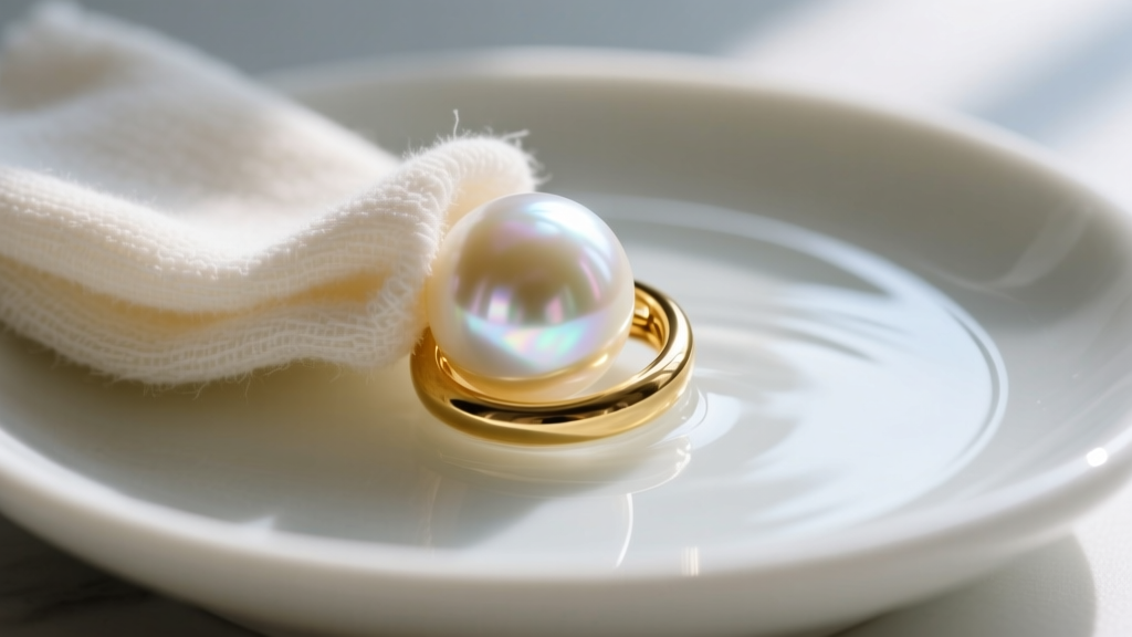 Soft microfiber cloth gently wiping a large pearl on a gold hoop earring, resting on a ceramic dish next to distilled water