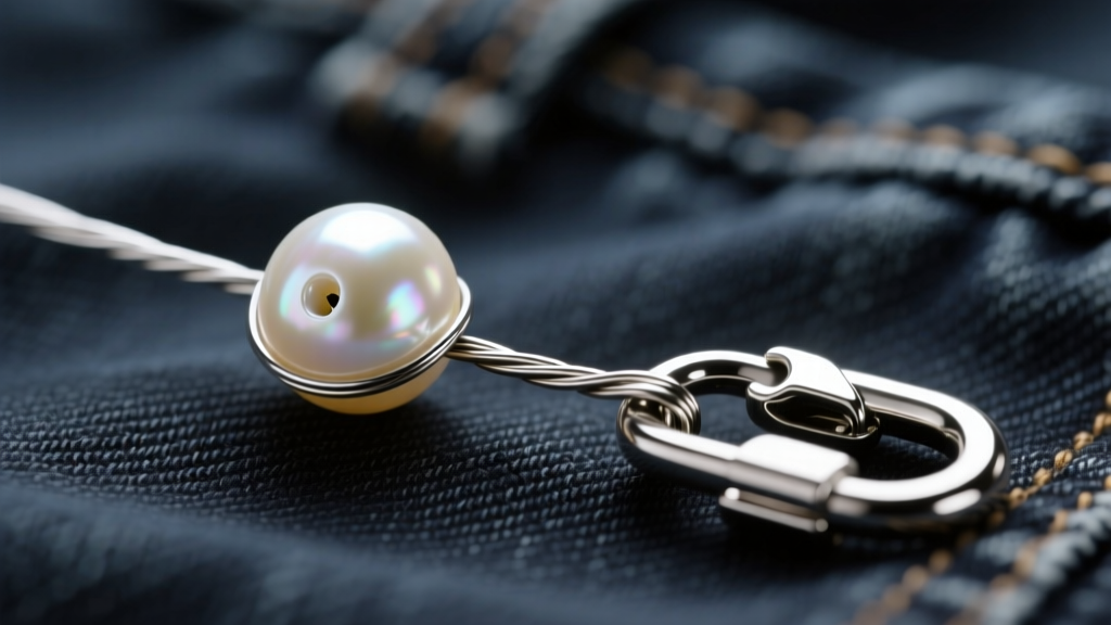 Macro shot of steel wire threaded through a drilled pearl, ending in a heavy silver lobster clasp resting against dark denim fabric