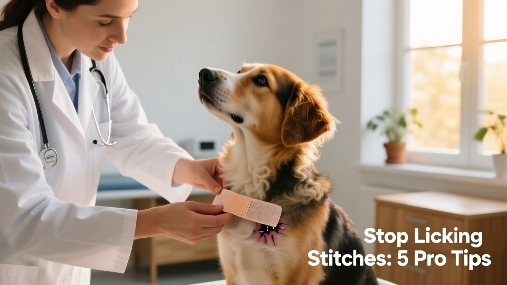 Veterinarian gently applying a breathable, medicated bandage to a dog's incision site