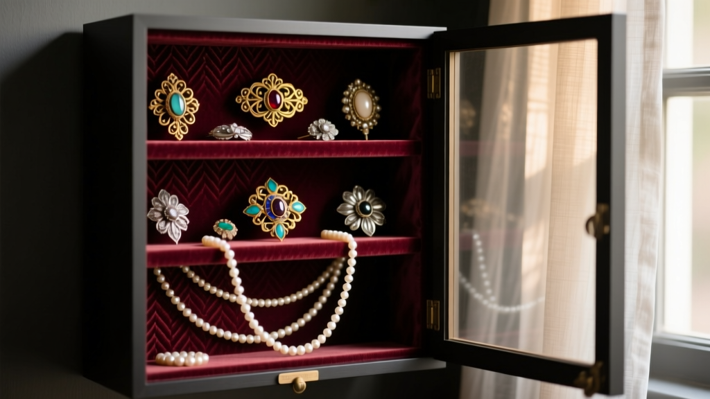 Textured DIY velvet-lined shadow box cabinet displaying layered vintage brooches and pearl necklaces in a dimly lit, moody room.
