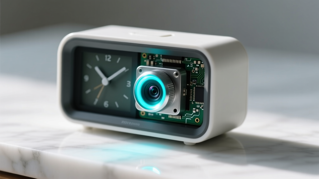 An infrared lens finder revealing the bright reflective glint of a covert pinhole camera hidden inside a digital alarm clock.