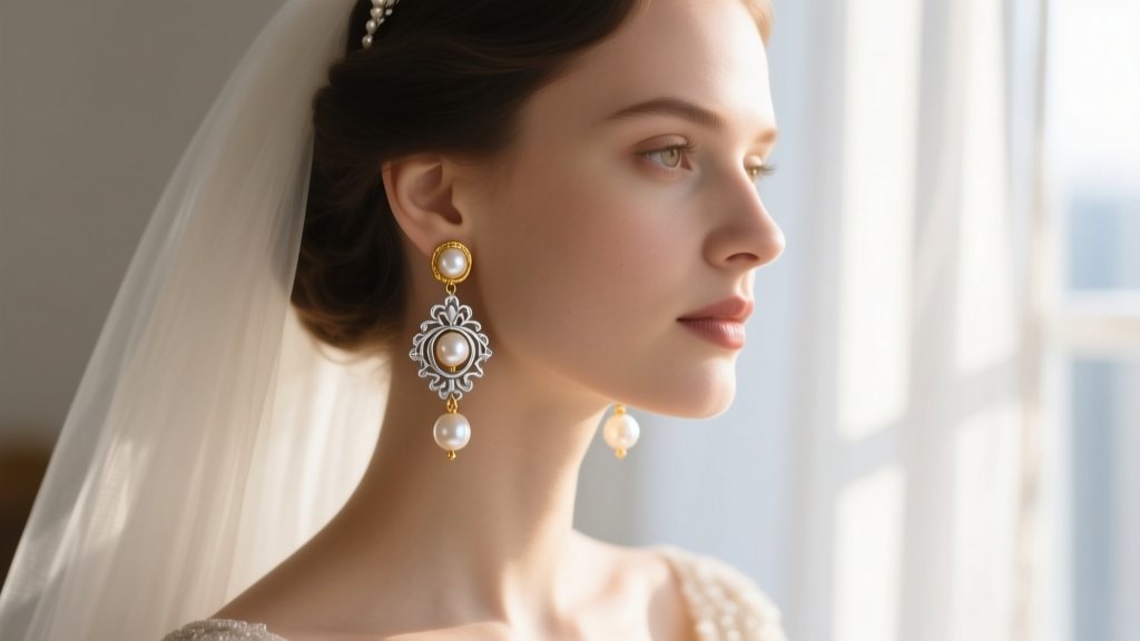 Bride wearing delicate Austro Hungarian pearl and silver-topped gold drop earrings, photographed in soft, natural window light