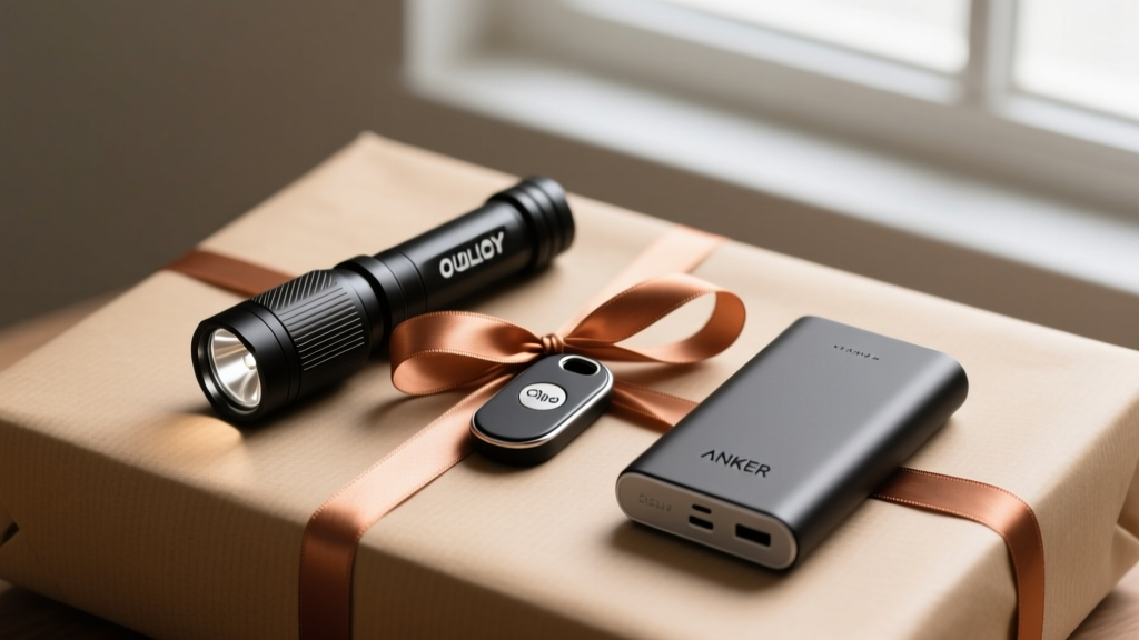 Flat lay gift wrapping scene with matte black Olight flashlight, Chipolo tracker, and Anker power bank on kraft paper with copper ribbon
