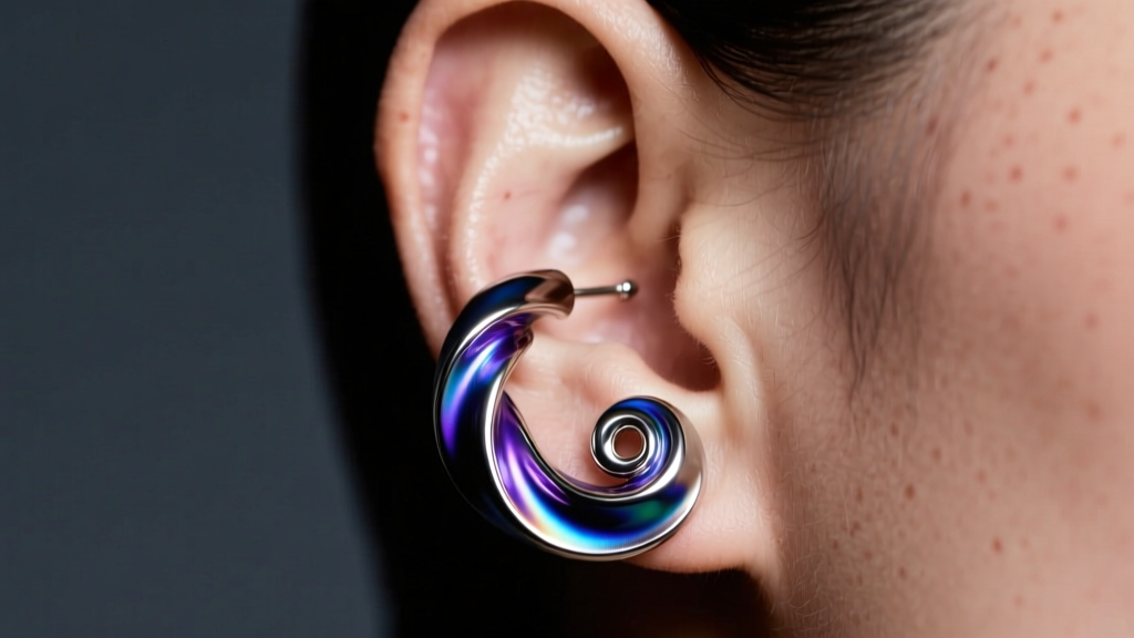 Macro shot of a 16-gauge niobium tornado earring wrapping around an earlobe, studio lighting against a dark slate background.