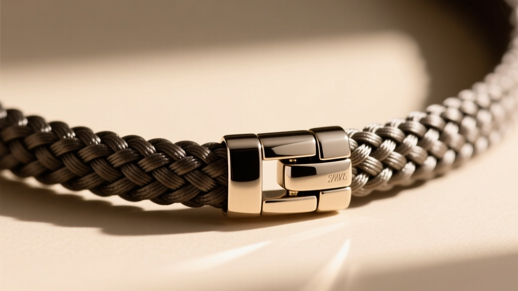 Macro shot of a woven nylon cloth necklace ending in a PVD-coated steel magnetic clasp, sharp focus on the metal texture.