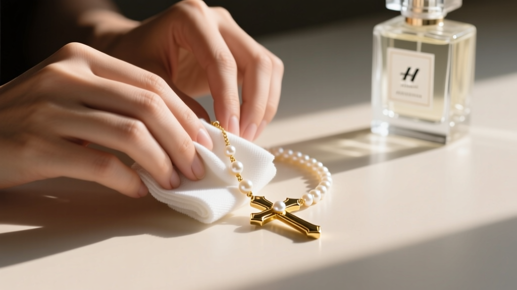 Hands gently wiping a gold pearl cross necklace with a soft microfiber cloth, with a blurred perfume bottle in the background.
