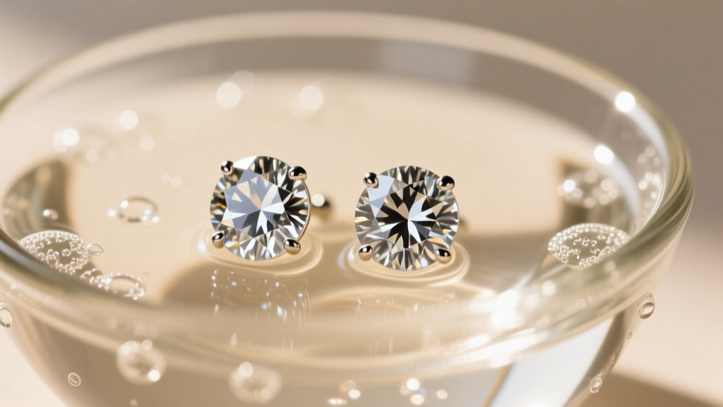 Macro shot of round brilliant diamond stud earrings resting in a small glass bowl of warm soapy water, soft natural lighting.