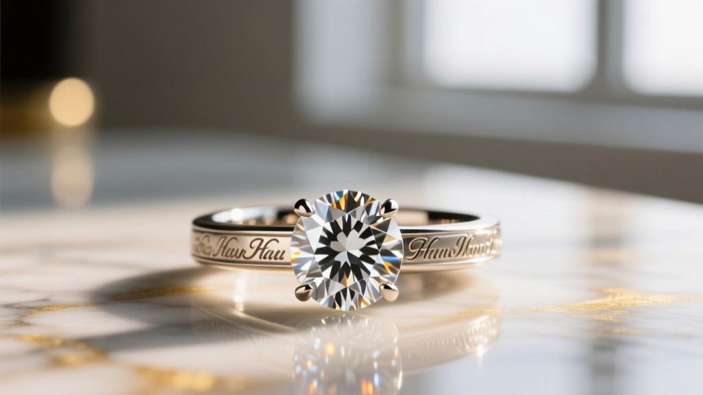 Macro shot of a custom diamond ring showing a maker