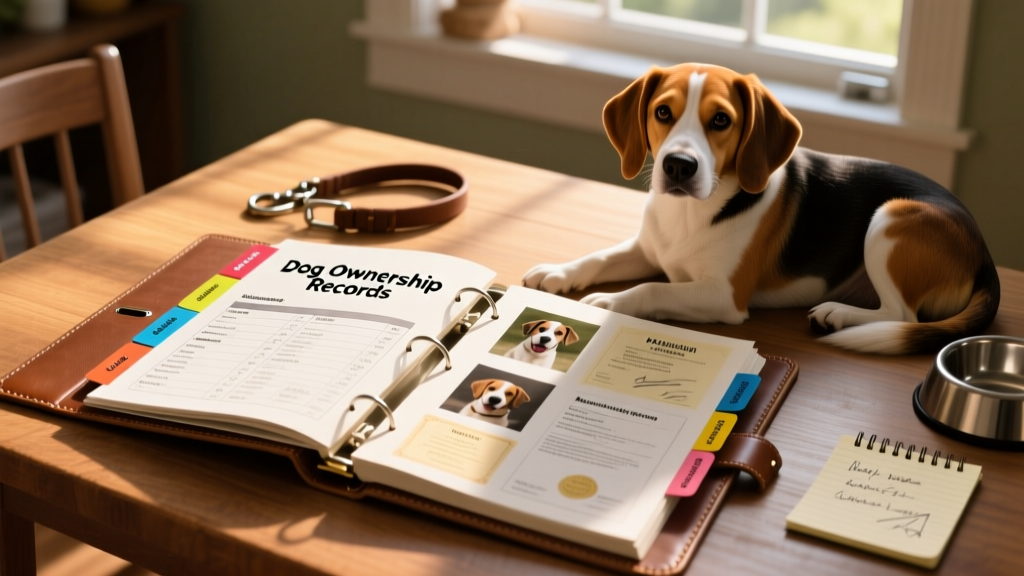 Organized binder labeled 'Dog Ownership Records' with tabs for Medical, Training, Photos, and Legal Documents