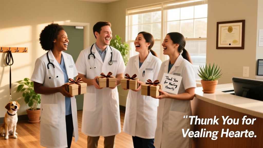 A cheerful veterinary team smiling in clinic scrubs, holding small gift boxes and handwritten notes