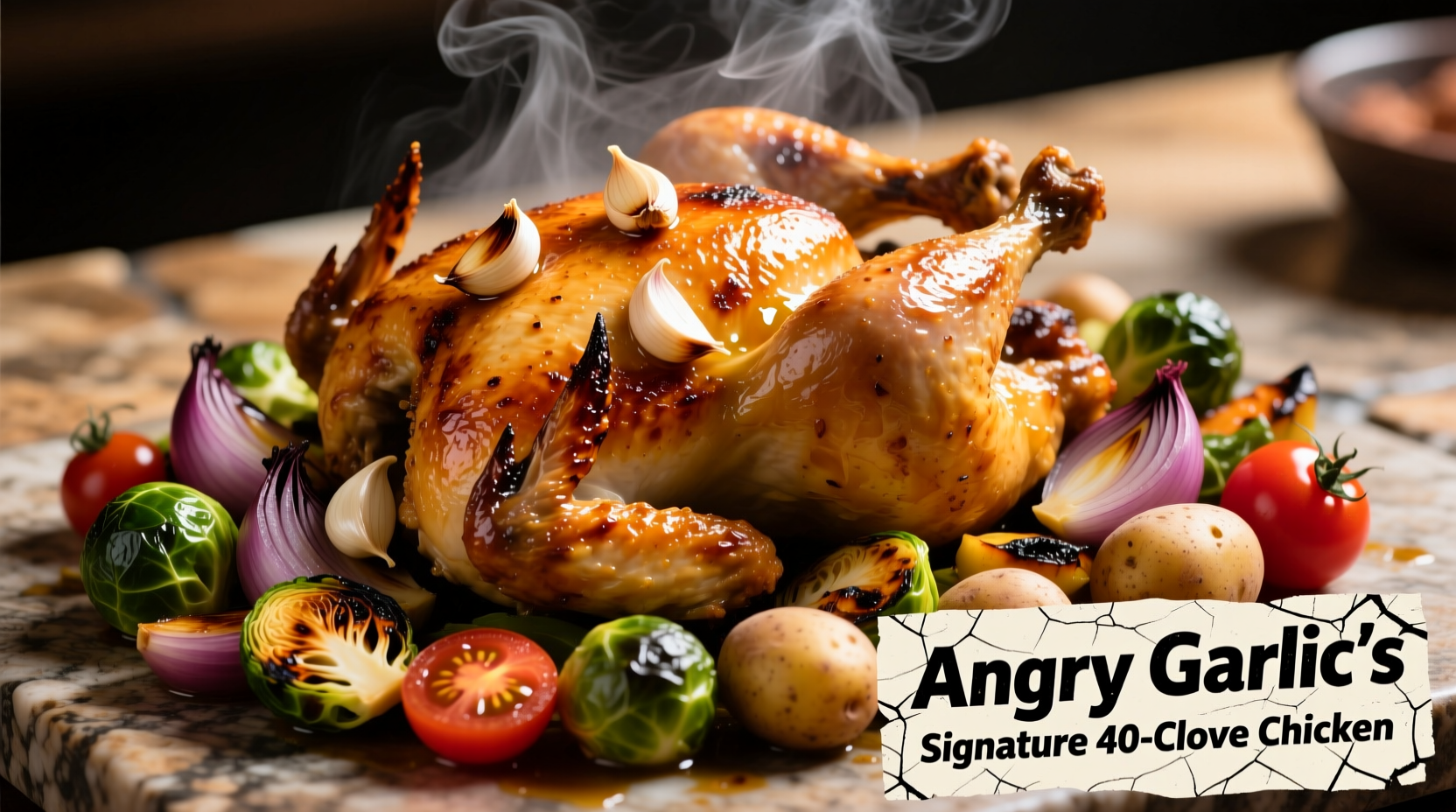 Angry Garlic's signature 40-clove chicken dish with roasted vegetables