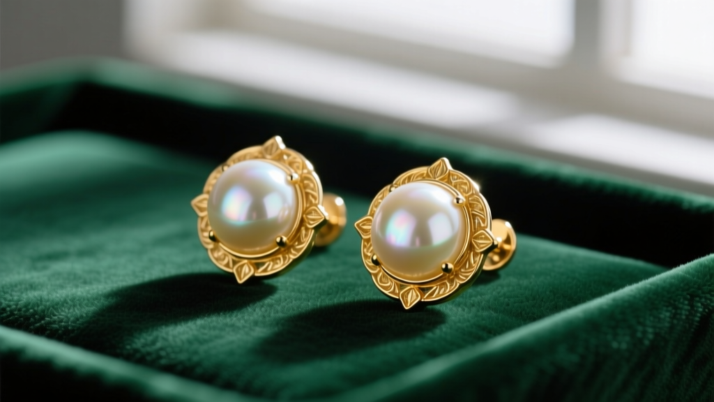 Flat lay of vintage 1980s omega-back pearl earrings on emerald velvet, highlighting heavy gold hardware and large Akoya pearls.