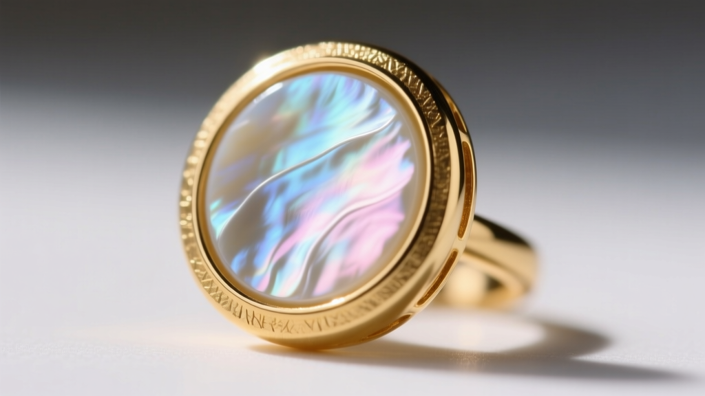Close-up of a 14k gold bezel setting on a mother pearl earring, showing the smooth metal rim protecting the delicate nacre edges.