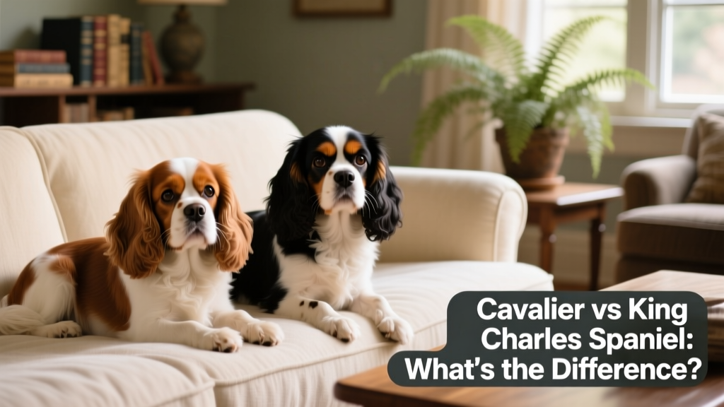A calm, well-groomed Cavalier King Charles Spaniel resting beside a King Charles Spaniel on a cozy sofa, highlighting their similar yet subtly different facial structures and expressions
