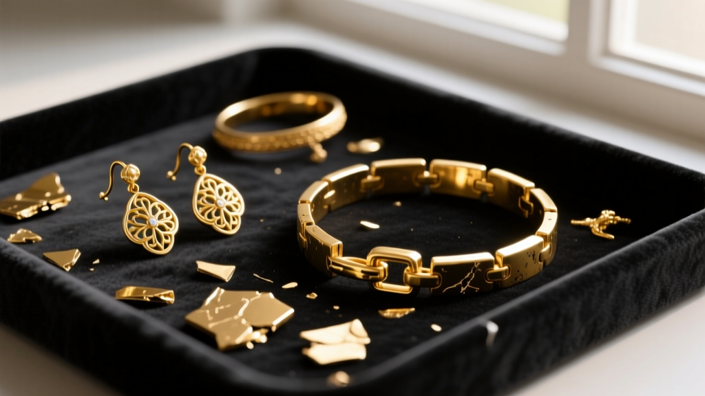 Scattered scrap gold jewelry, including bent 10k earrings and a snapped 14k bracelet, resting on a dark velvet sorting tray.