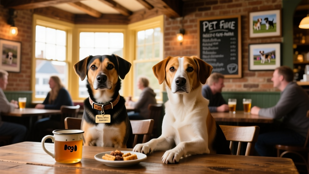 Two dogs sit at a table in a dog-friendly pub.