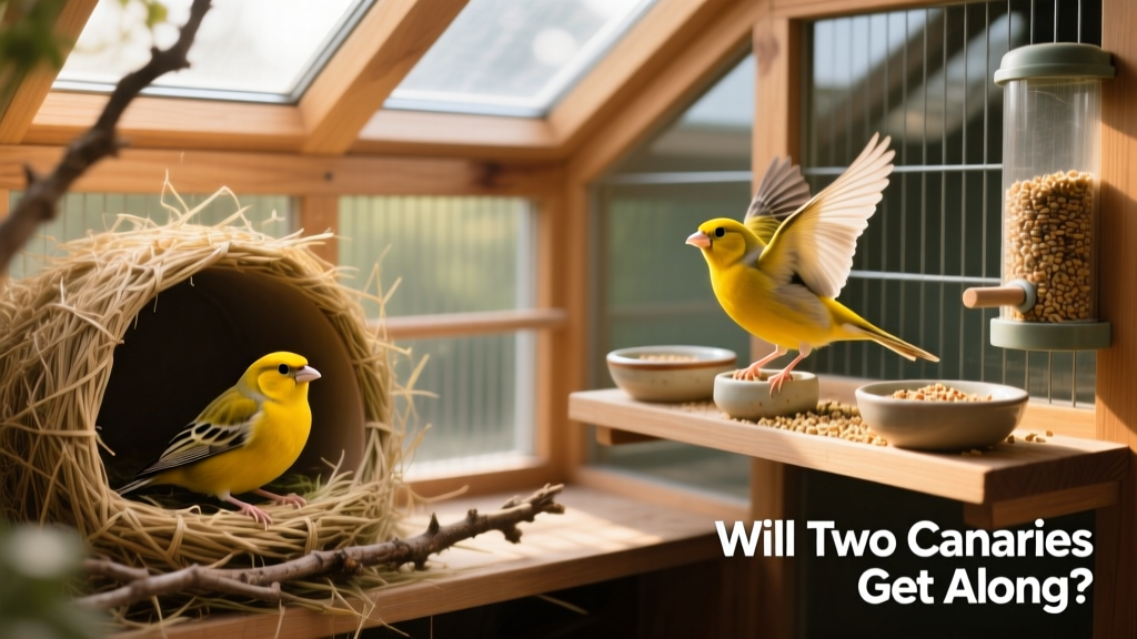 A custom-built aviary with interconnected compartments, showing one canary resting in a private nook while another sings near a shared food station