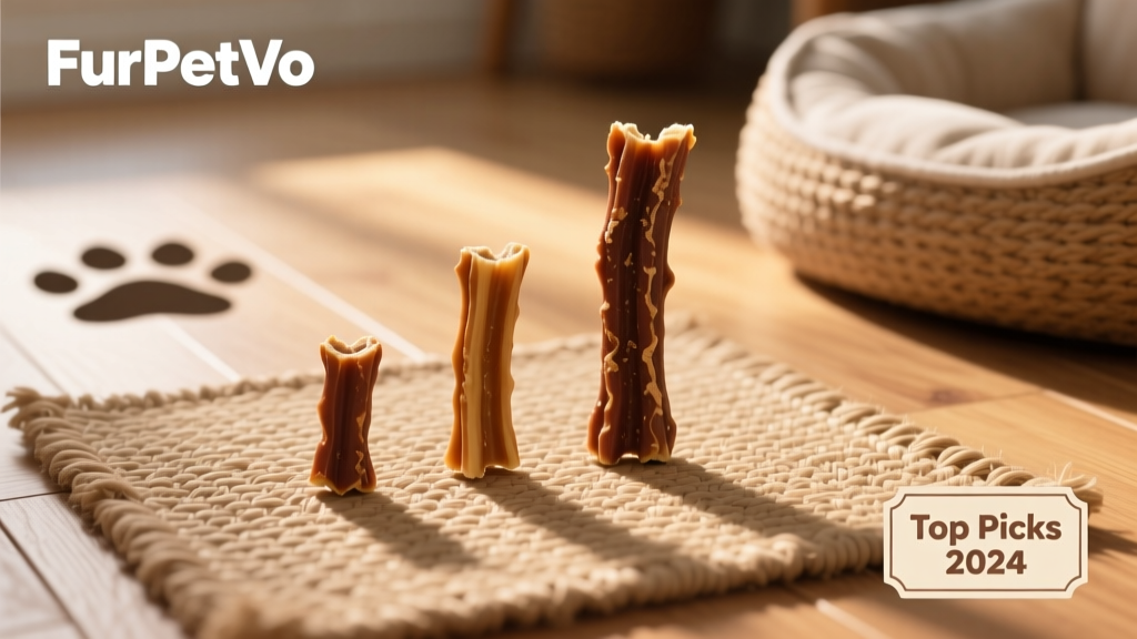 Three FurPetVo bully sticks arranged by size—small, medium, and large—on a natural fiber mat