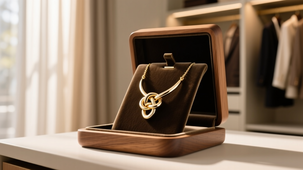 An 18k white gold knot necklace hanging neatly on a velvet-lined wooden jewelry stand inside a dimly lit, elegant walk-in closet.