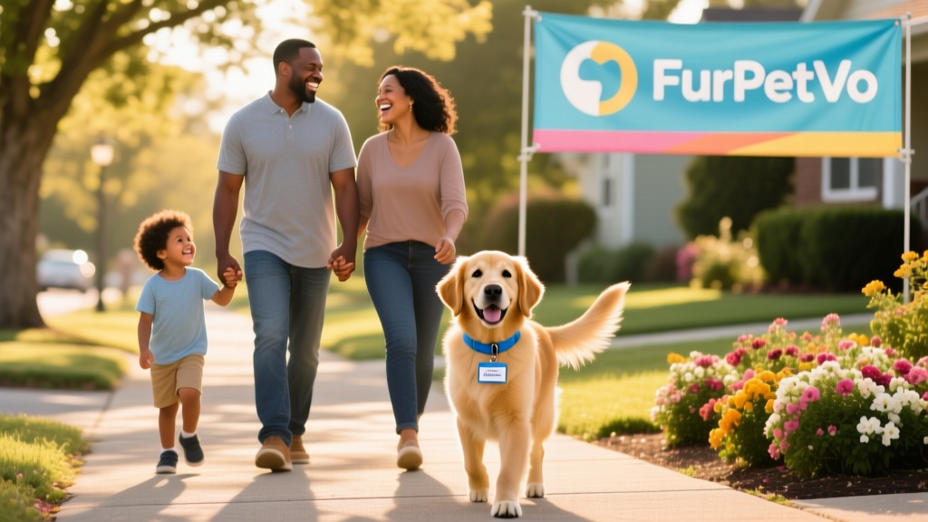 A happy family walking their newly adopted dog on a sunny neighborhood street, with a FurPetVo logo subtly displayed on a nearby adoption event banner