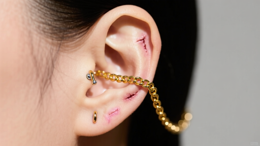 Side profile of a healed ear showing a seamless 14k yellow gold chain connecting a helix piercing to a standard lobe piercing