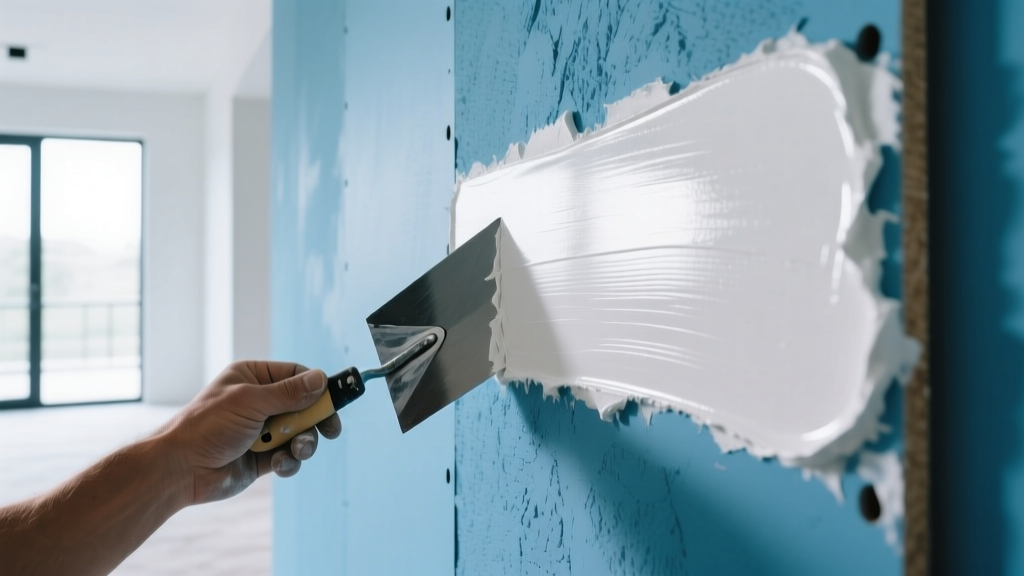 Trowel applying smooth white veneer plaster over blue-faced gypsum lath board wall in a brightly lit modern interior space